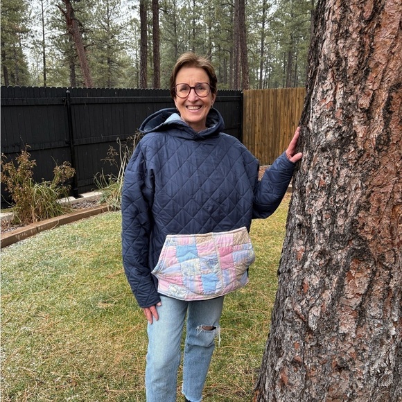 Handmade Tops - Upcycled Navy Quilted Jacket with Patchwork Pocket